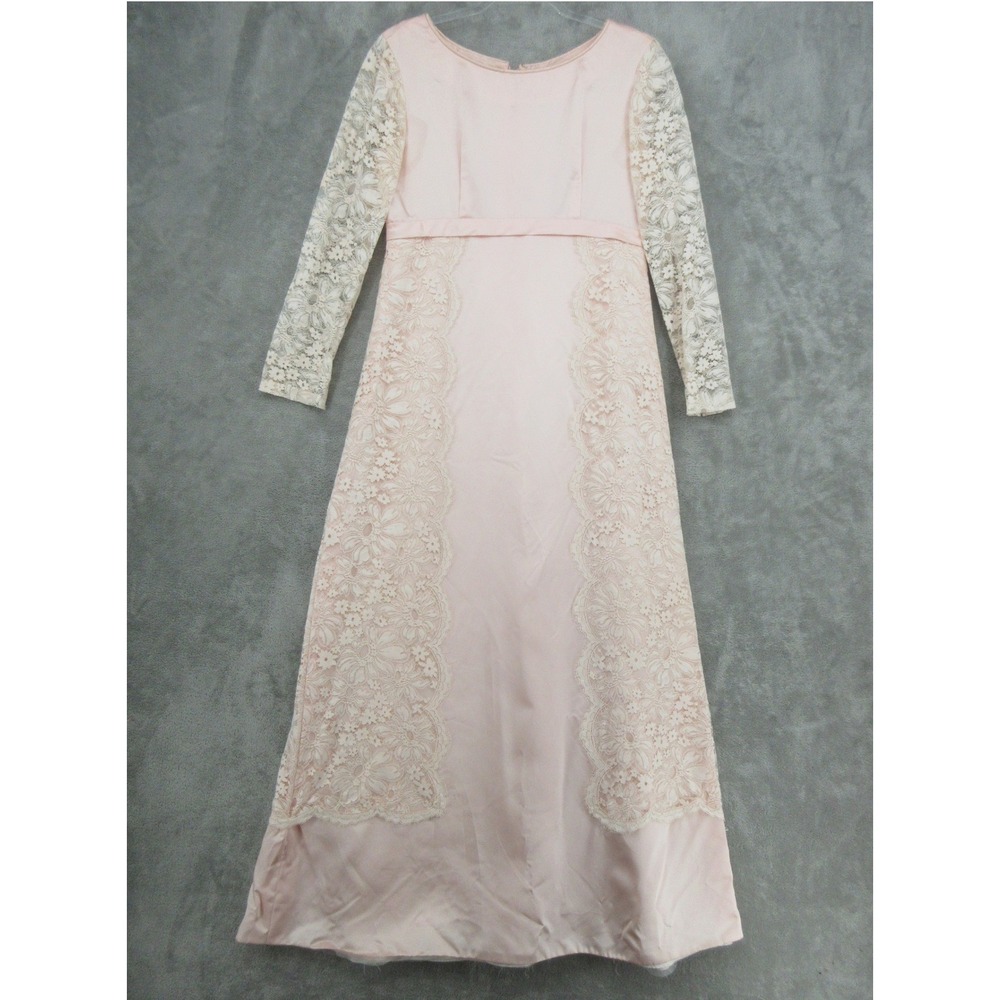 True Vintage Dress Womens Size S Pink Lace Sleeve Satin Formal Coquette 60s 70s